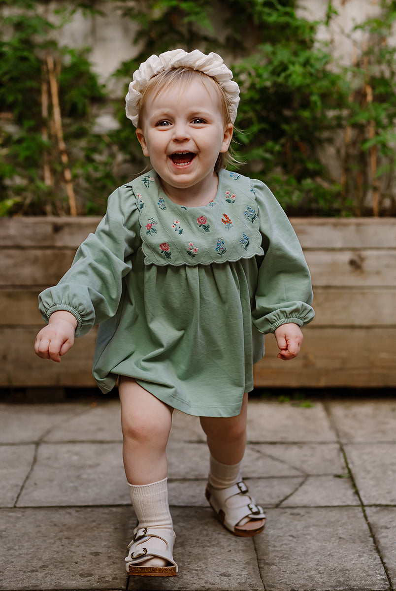 Ely Embroidered Jersey Romper, Pea Green – view 4