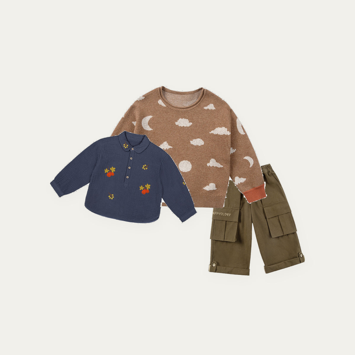 Happyology Lucky Bag for boys, three autumn winter sample pieces - cloud knit sweater, embroidered indigo shirt and olive cargo trousers