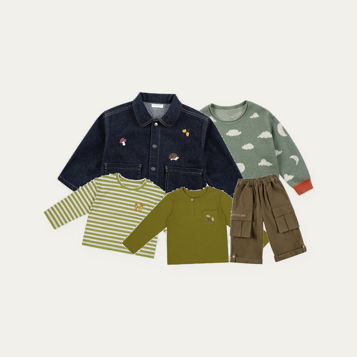 Happyology Lucky Bag for boys, five autumn winter sample pieces - embroidered denim jacket, cloud knit sweater, striped tee, olive top and cargo trousers