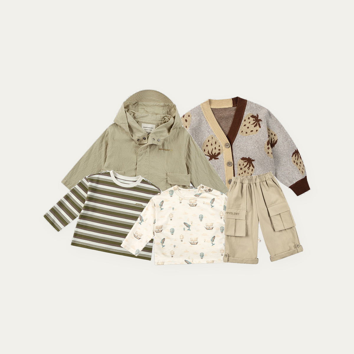 Happyology Lucky Bag for boys, five spring summer sample pieces - oat jacket, acorn cardigan, striped tee, printed jersey top and stone cargo trousers