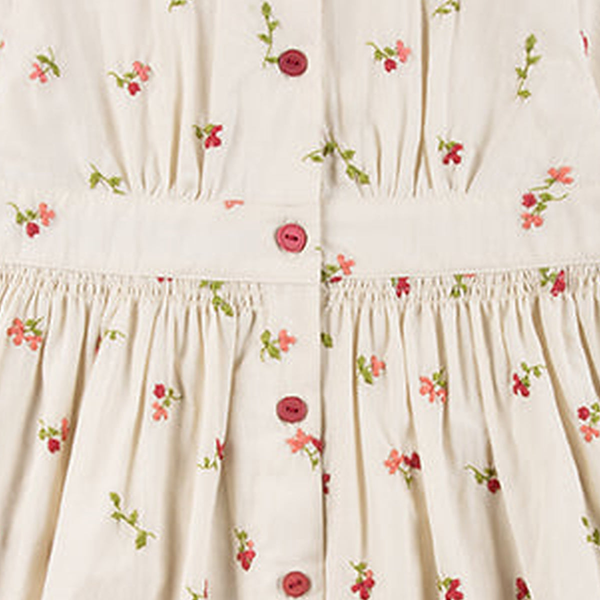 Close detail of embroidered cherry print and smocking on a Happyology cotton dress